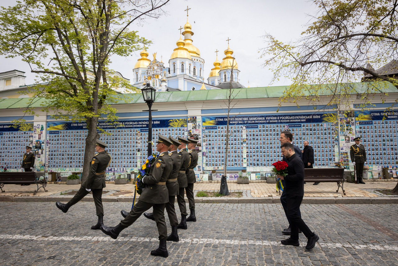 NATO Secretary General Mark Rutte and Volodymyr Zelenskyy, President of Ukraine, in a wreath-laying ceremony at the Wall of Remembrance of the Fallen for Ukraine