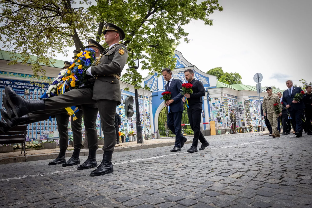 NATO Secretary General Mark Rutte and Volodymyr Zelenskyy, President of Ukraine, in a wreath-laying ceremony at the Wall of Remembrance of the Fallen for Ukraine