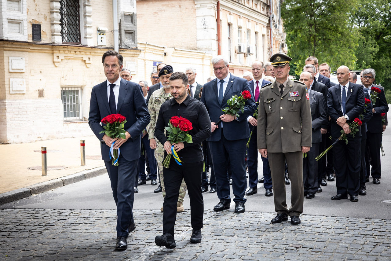 NATO Secretary General Mark Rutte and Volodymyr Zelenskyy, President of Ukraine, in a wreath-laying ceremony at the Wall of Remembrance of the Fallen for Ukraine