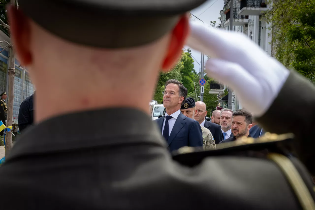 NATO Secretary General Mark Rutte and Volodymyr Zelenskyy, President of Ukraine, in a wreath-laying ceremony at the Wall of Remembrance of the Fallen for Ukraine