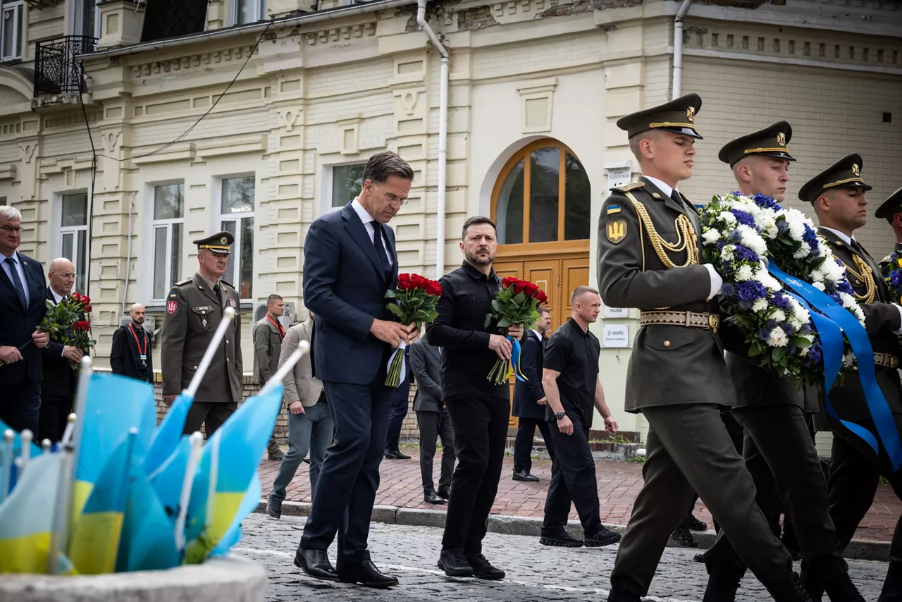 NATO Secretary General Mark Rutte and Volodymyr Zelenskyy, President of Ukraine, in a wreath-laying ceremony at the Wall of Remembrance of the Fallen for Ukraine
