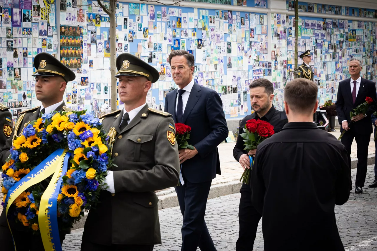 NATO Secretary General Mark Rutte and Volodymyr Zelenskyy, President of Ukraine, in a wreath-laying ceremony at the Wall of Remembrance of the Fallen for Ukraine