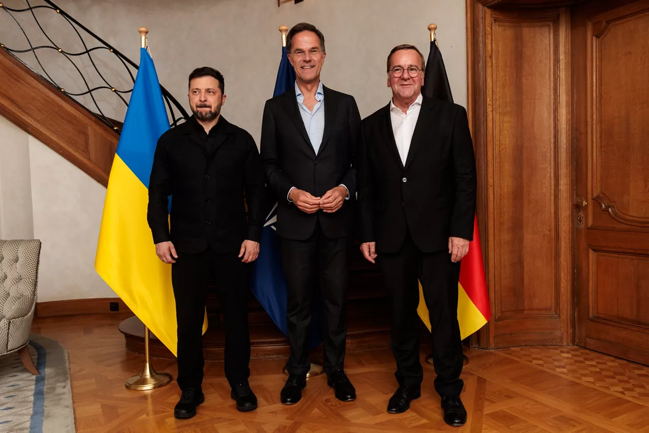NATO Secretary General Mark Rutte, President of Ukraine Volodymyr Zelenskyy and Minister of Defence of Germany Boris Pistorius