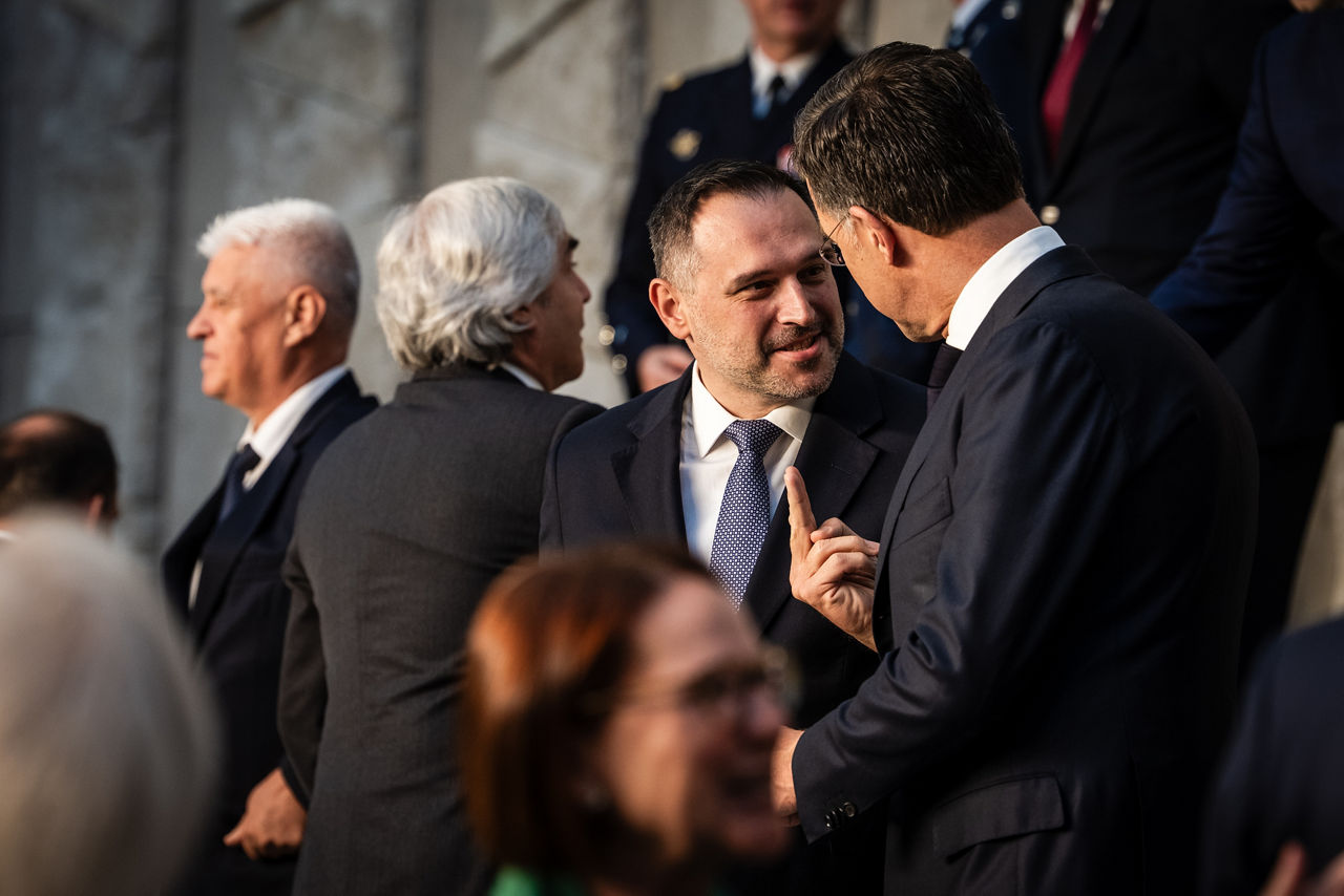 Official photo of the NATO Ministers of Defence. NATO Secretary General Mark Rutte with Ermal Nufi (Minister of Defence, Albania)