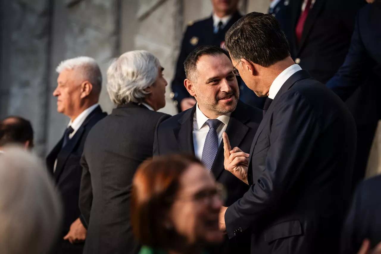 Official photo of the NATO Ministers of Defence. NATO Secretary General Mark Rutte with Ermal Nufi (Minister of Defence, Albania)