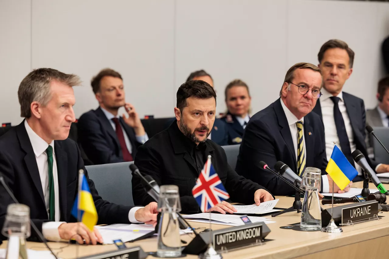 Dan Jarvis (Secretary of Defence, United Kingdom), Volodymyr Zelenskyy (President of Ukraine), Boris Pistorius (Minister of Defence, Germany), NATO Secretary General Mark Rutte 