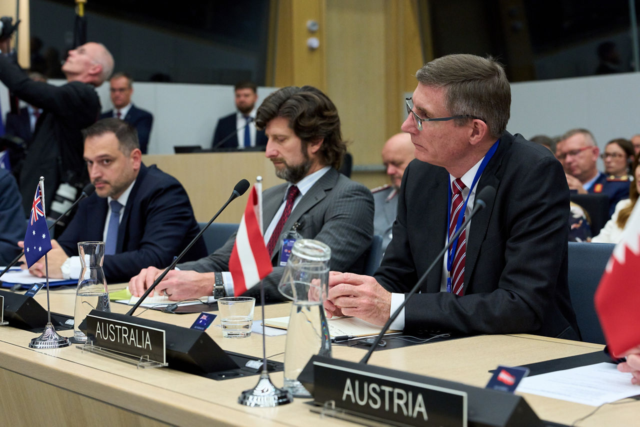 Far left: Ermal Nufi (Minister of Defence, Albania). Far right: Angus Campbell (Ambassador to Belgium, Luxembourg, the European Union and NATO for Australia)