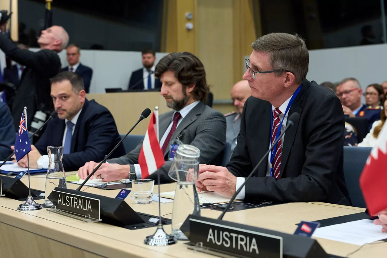Far left: Ermal Nufi (Minister of Defence, Albania). Far right: Angus Campbell (Ambassador to Belgium, Luxembourg, the European Union and NATO for Australia)