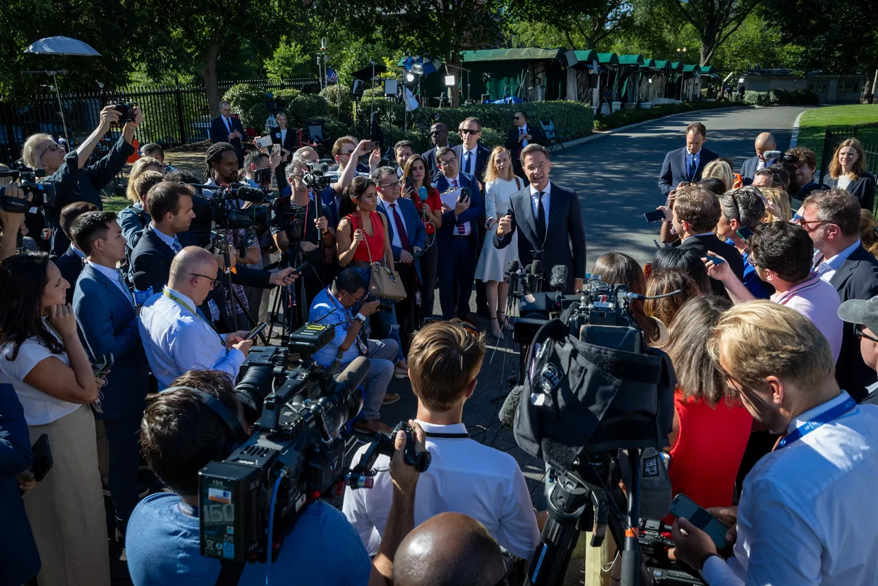 NATO Secretary General Mark Rutte talking to the press outside the White House following his meeting with the President of the United States Donald Trump
