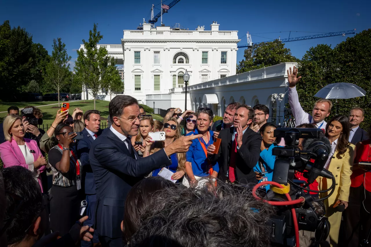 NATO Secretary General Mark Rutte talking to the press outside the White House following his meeting with the President of the United States Donald Trump