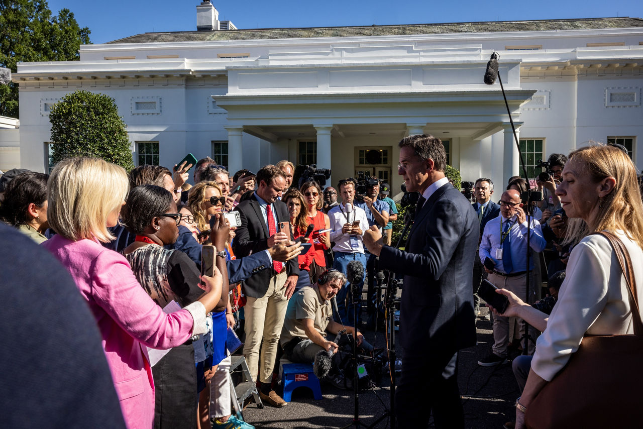 NATO Secretary General Mark Rutte talking to the press outside the White House following his meeting with the President of the United States Donald Trump