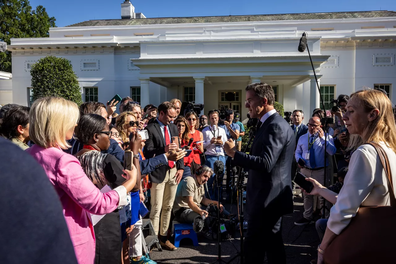 NATO Secretary General Mark Rutte talking to the press outside the White House following his meeting with the President of the United States Donald Trump
