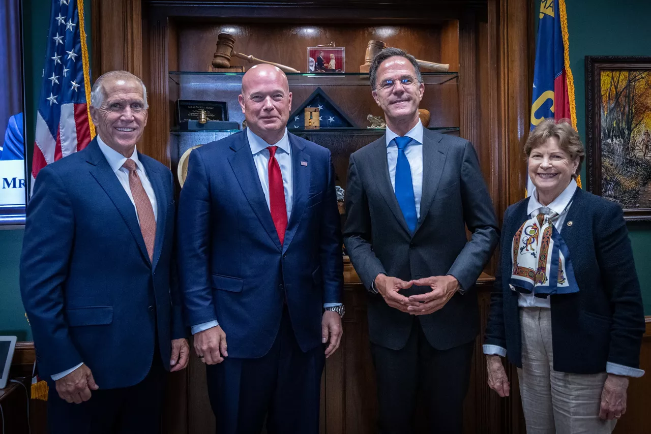 Matthew Whitaker, United States Permanent Representative to NATO and NATO Secretary General Mark Rutte with United States Senators Thom Tillis and Jeanne Shaheen