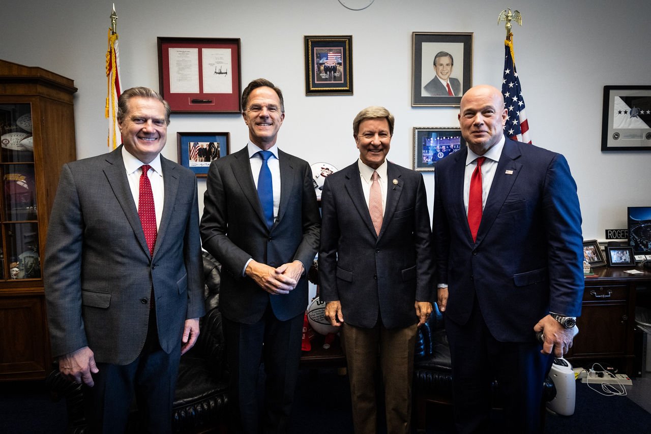 Matthew Whitaker, United States Permanent Representative to NATO and NATO Secretary General Mark Rutte with United States Congressmen Mike Rogers and Mike Turner