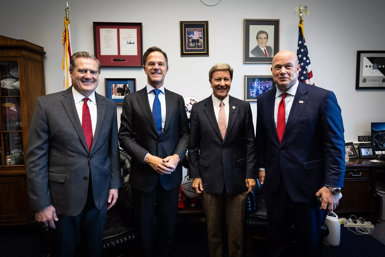 Matthew Whitaker, United States Permanent Representative to NATO and NATO Secretary General Mark Rutte with United States Congressmen Mike Rogers and Mike Turner