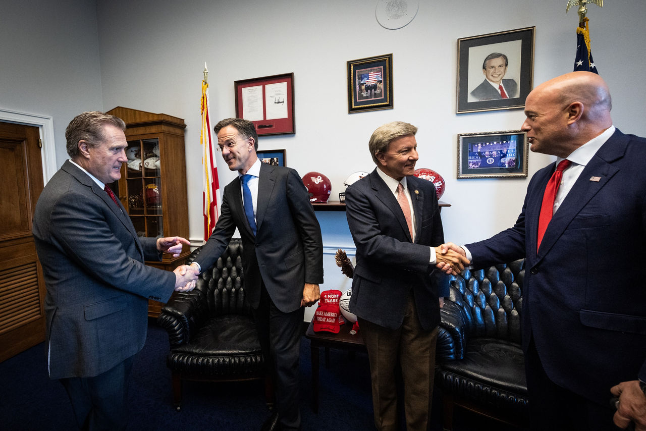 Matthew Whitaker, United States Permanent Representative to NATO and NATO Secretary General Mark Rutte with United States Congressmen Mike Rogers and Mike Turner