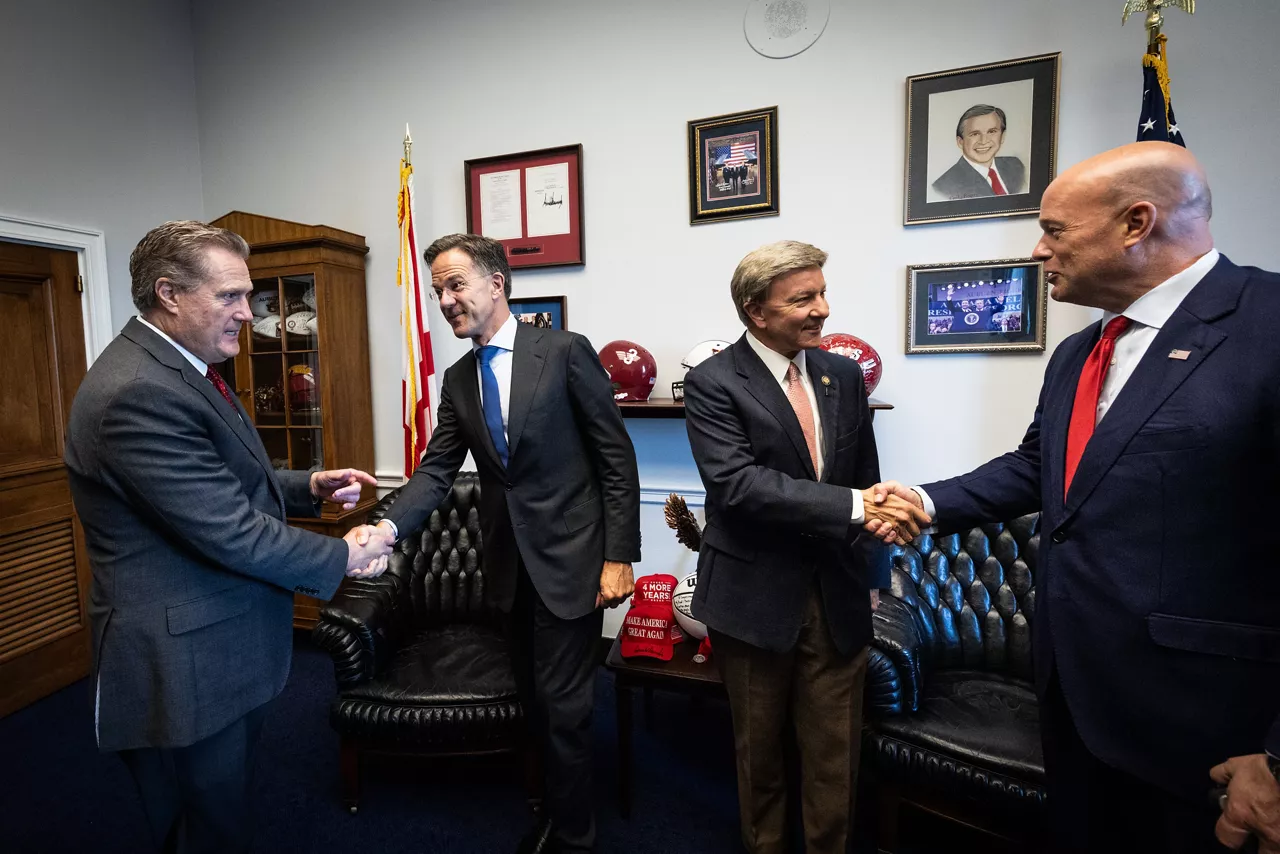 Matthew Whitaker, United States Permanent Representative to NATO and NATO Secretary General Mark Rutte with United States Congressmen Mike Rogers and Mike Turner
