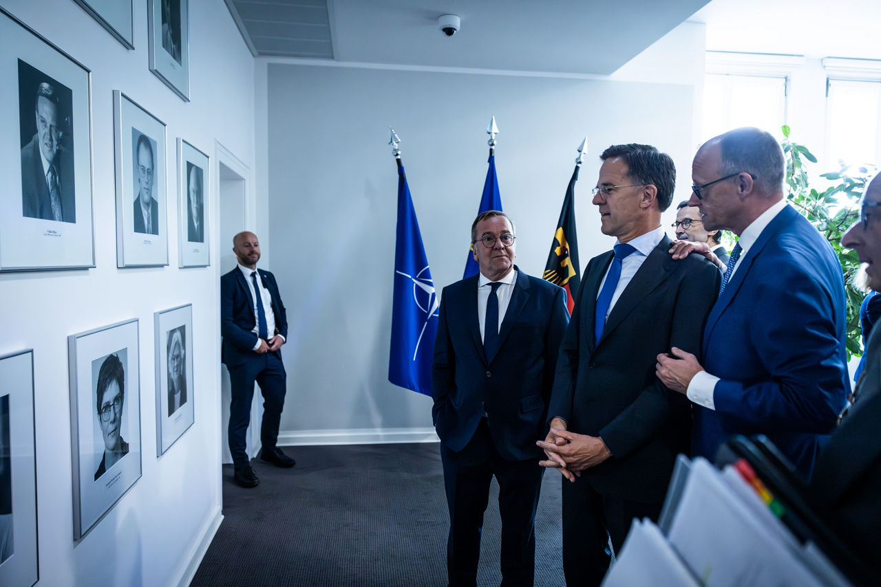 NATO Secretary General Mark Rutte with Friedrich Merz, Federal Chancellor of Germany, and Boris Pistorius, Minister of Defence of Germany