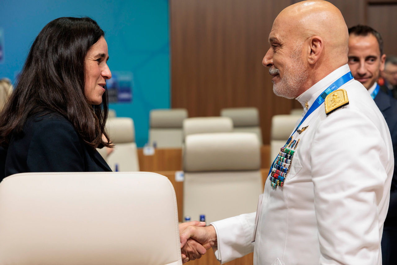 Chair of the Military Committee Admiral Giuseppe Cavo Dragone with the Minister of Foreign Affairs of Hungary Anita Orbán 
