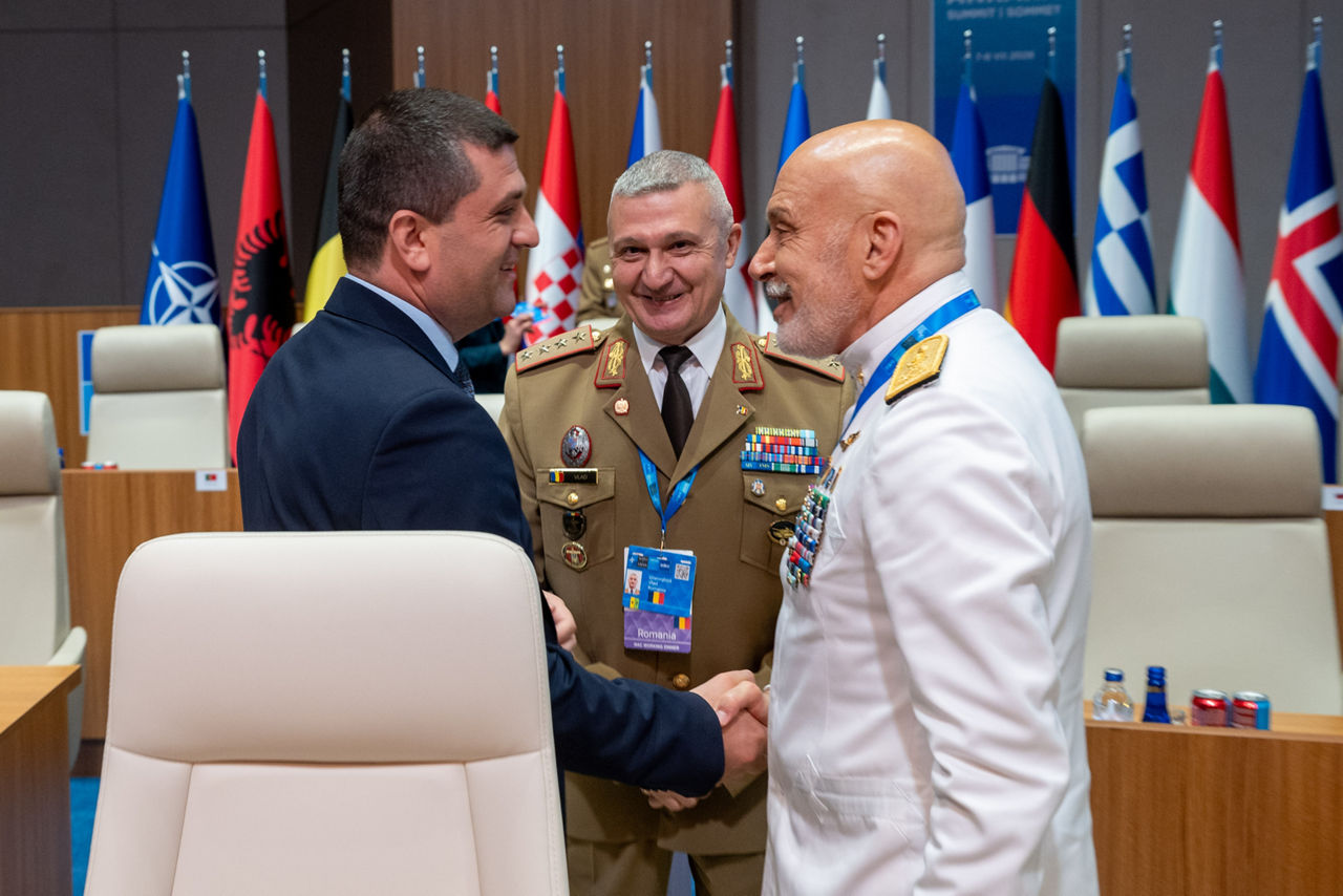 Minister of Defence of Romania Radu-Dinel Miruță, Chief of Defence of Romania General Gheorghiță Vlad and Chair of the NATO Military Committee Admiral Giuseppe Cavo Dragone