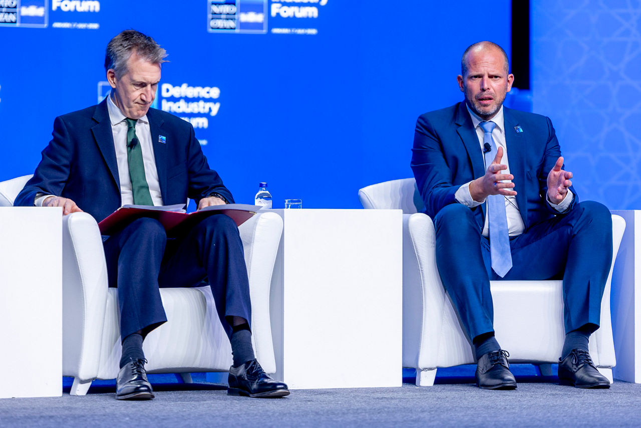 Minister of Defence of Belgium Theo Francken, Secretary of State for Defence of the United Kingdom Dan Jarvis and CEO Baykar Technologies Haluk Bayraktar