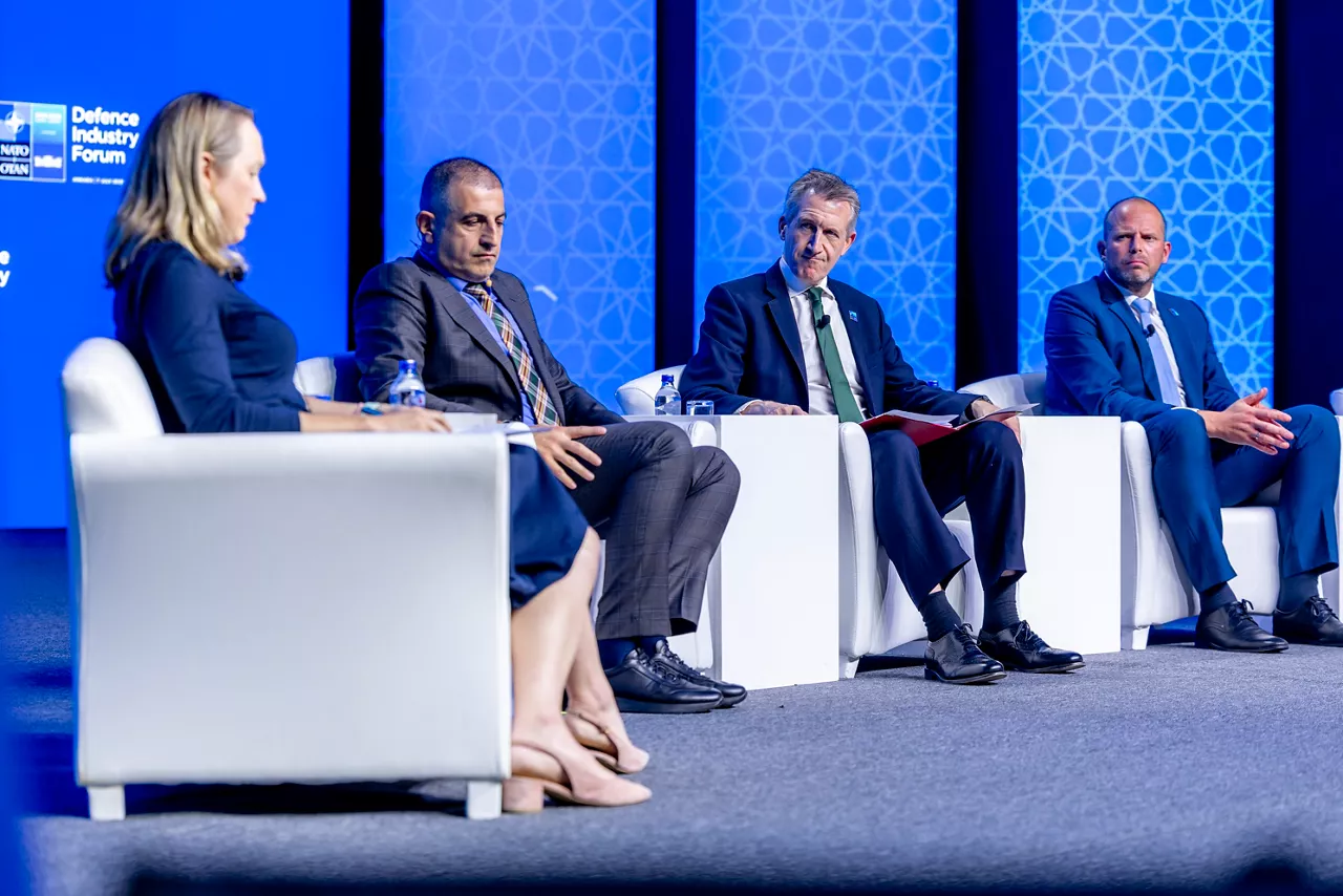 Minister of Defence of Belgium Theo Francken, Secretary of State for Defence of the United Kingdom Dan Jarvis and CEO Baykar Technologies Haluk Bayraktar