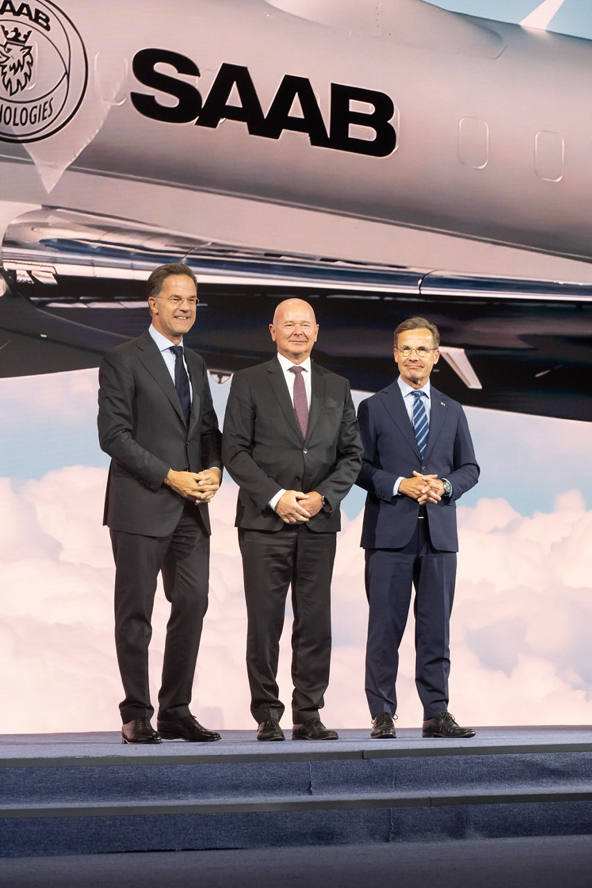 NATO’s new Airborne Warning and Control System is announced. NATO Secretary General Mark Rutte,  CEO of Saab Group Micael Johansson and Prime Minister of Sweden Ulf Kristersson 