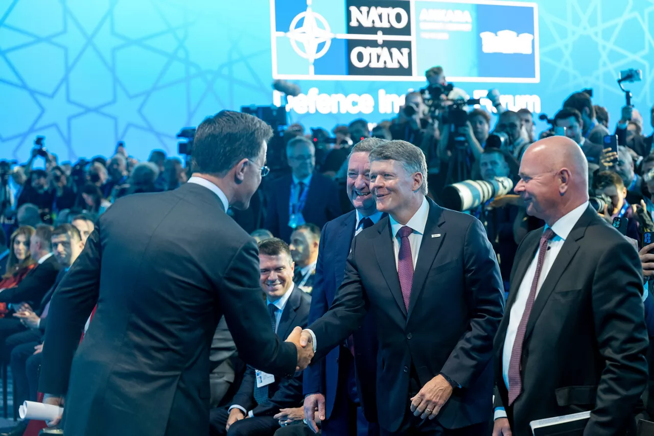 NATO Secretary General Mark Rutte reveials major capability announcements at the NATO Summit Defence Industry Forum. NATO Secretary General Mark Rutte with Executive Vice President Global Business at Airbus Defence and Space Ben Bridge, Northrop Grumman Vice President International Frank Morley and CEO of Saab Group Micael Johansson