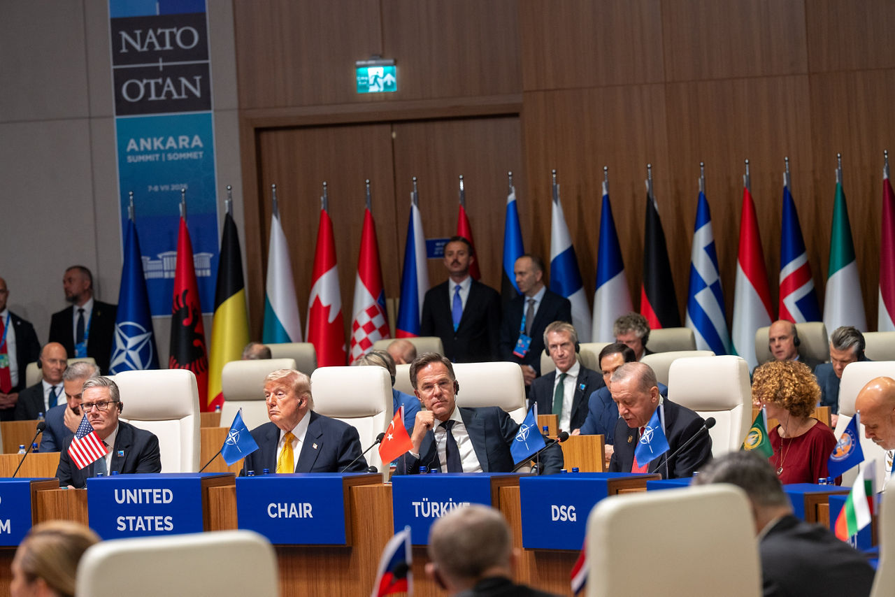 [from left to right] Prime Minister of the United Kingdom Keir Starmer, President of the United States Donald Trump 
NATO Secretary General Mark Rutte, President of Türkiye Recep Tayyip Erdoğan and NATO Deputy Secretary General Radmila Shekerinska
