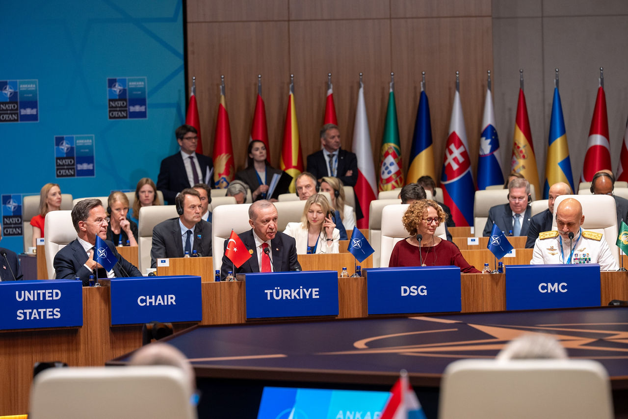 [from left to right] President of the United States Donald Trump, NATO Secretary General Mark Rutte, President of Türkiye Recep Tayyip Erdoğan, NATO Deputy Secretary General Radmila Shekerinska and Chair of the Military Committee Admiral Giuseppe Cavo Dragone