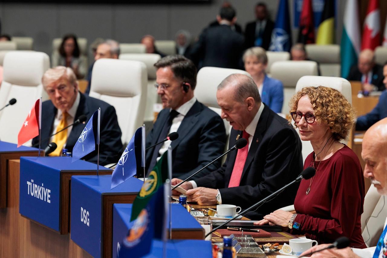 [from left to right] President of the United States Donald Trump 
NATO Secretary General Mark Rutte, President of Türkiye Recep Tayyip Erdoğan, NATO Deputy Secretary General Radmila Shekerinska and Chair of the Military Committee Admiral Giuseppe Cavo Dragone


