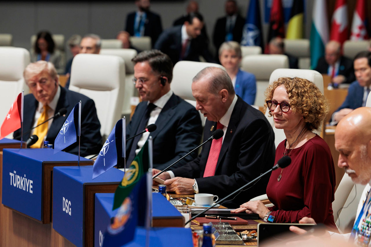 [from left to right] President of the United States Donald Trump 
NATO Secretary General Mark Rutte, President of Türkiye Recep Tayyip Erdoğan, NATO Deputy Secretary General Radmila Shekerinska and Chair of the Military Committee Admiral Giuseppe Cavo Dragone


