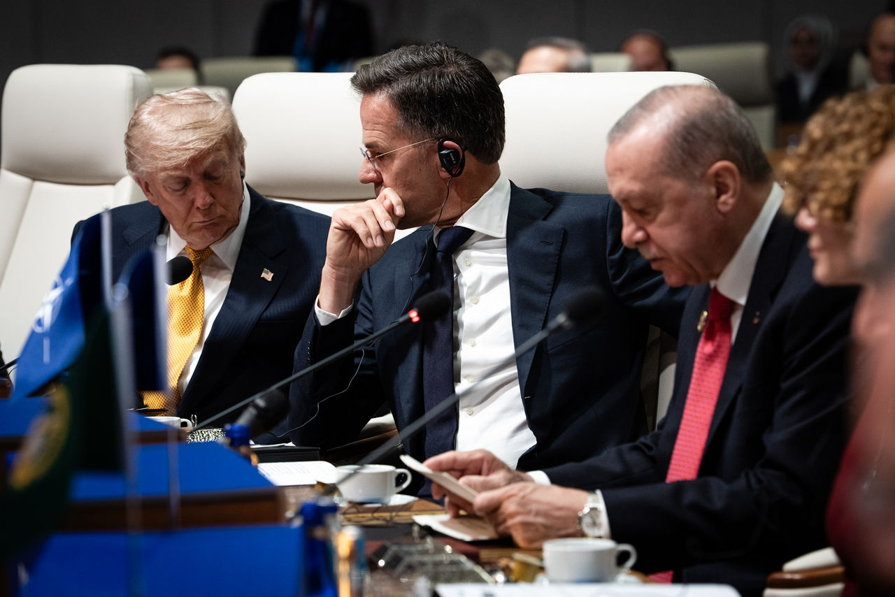 [from left to right] President of the United States Donald Trump, NATO Secretary General Mark Rutte, President of Türkiye Recep Tayyip Erdoğan