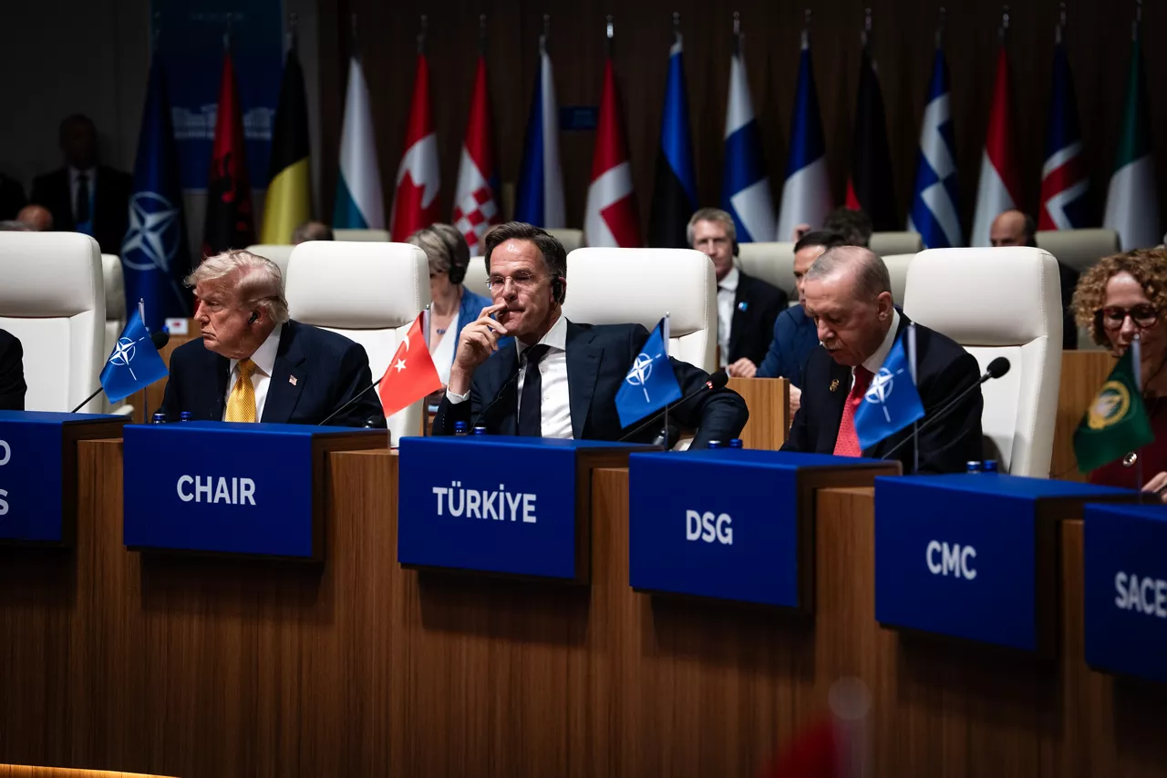 [from left to right] President of the United States Donald Trump, NATO Secretary General Mark Rutte, President of Türkiye Recep Tayyip Erdoğan and NATO Deputy Secretary General Radmila Shekerinska


