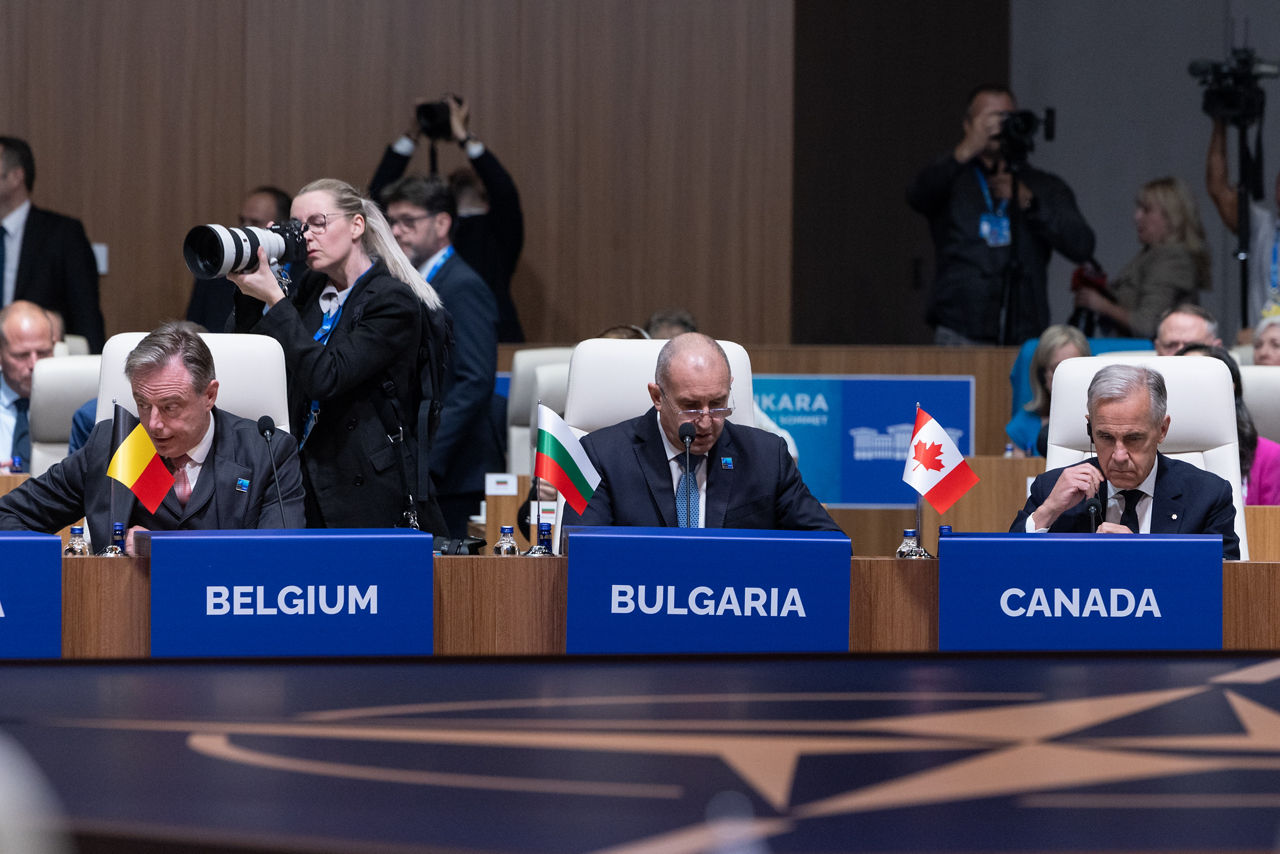 [from left to right] Prime Minister of Belgium Bart De Wever, Prime Minister of Bulgaria Rumen Radev and Prime Minister of Canada Mark Carney 