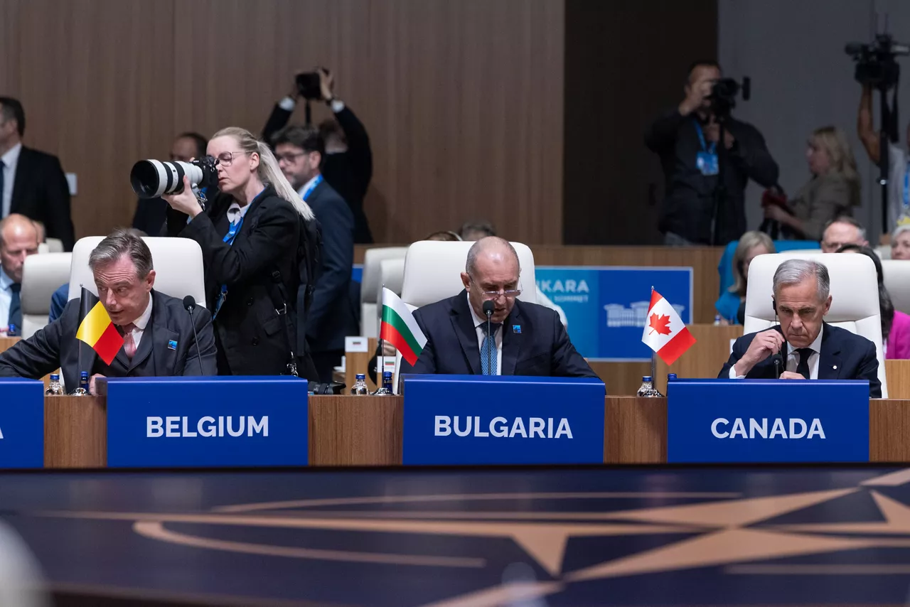 [from left to right] Prime Minister of Belgium Bart De Wever, Prime Minister of Bulgaria Rumen Radev and Prime Minister of Canada Mark Carney 