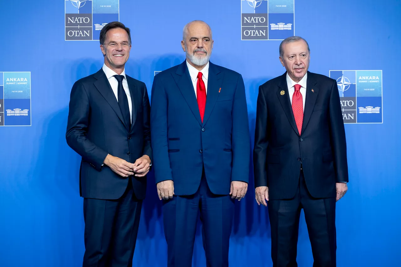 NATO Secretary General Mark Rutte and the President of the Republic of Türkiye Recep Tayyip Erdoğan welcome Prime Minister of Albania Edi Rama