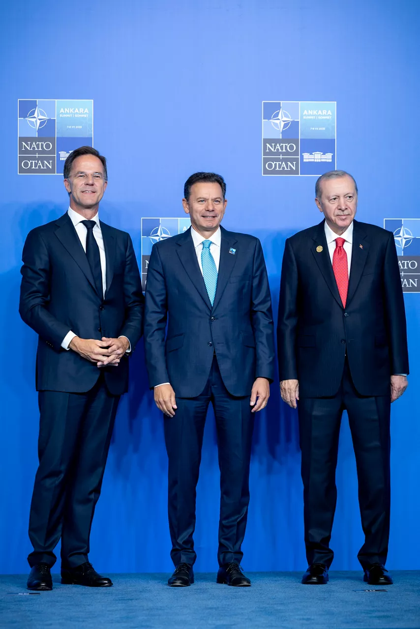 NATO Secretary General Mark Rutte and the President of the Republic of Türkiye Recep Tayyip Erdoğan welcome Prime Minister of Portugal Luís Montenegro 