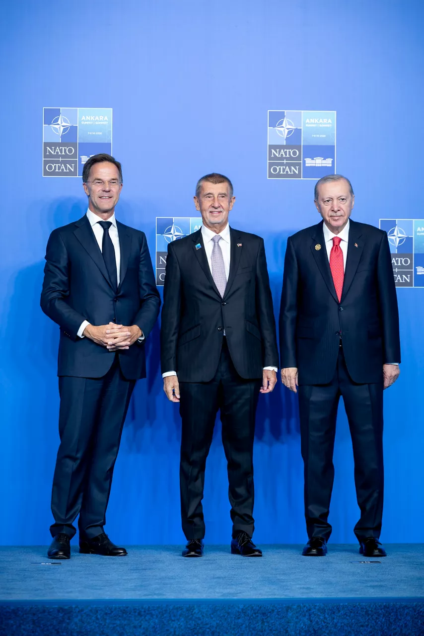 NATO Secretary General Mark Rutte and the President of the Republic of Türkiye Recep Tayyip Erdoğan welcome Prime Minister of Czechia Andrej Babiš 