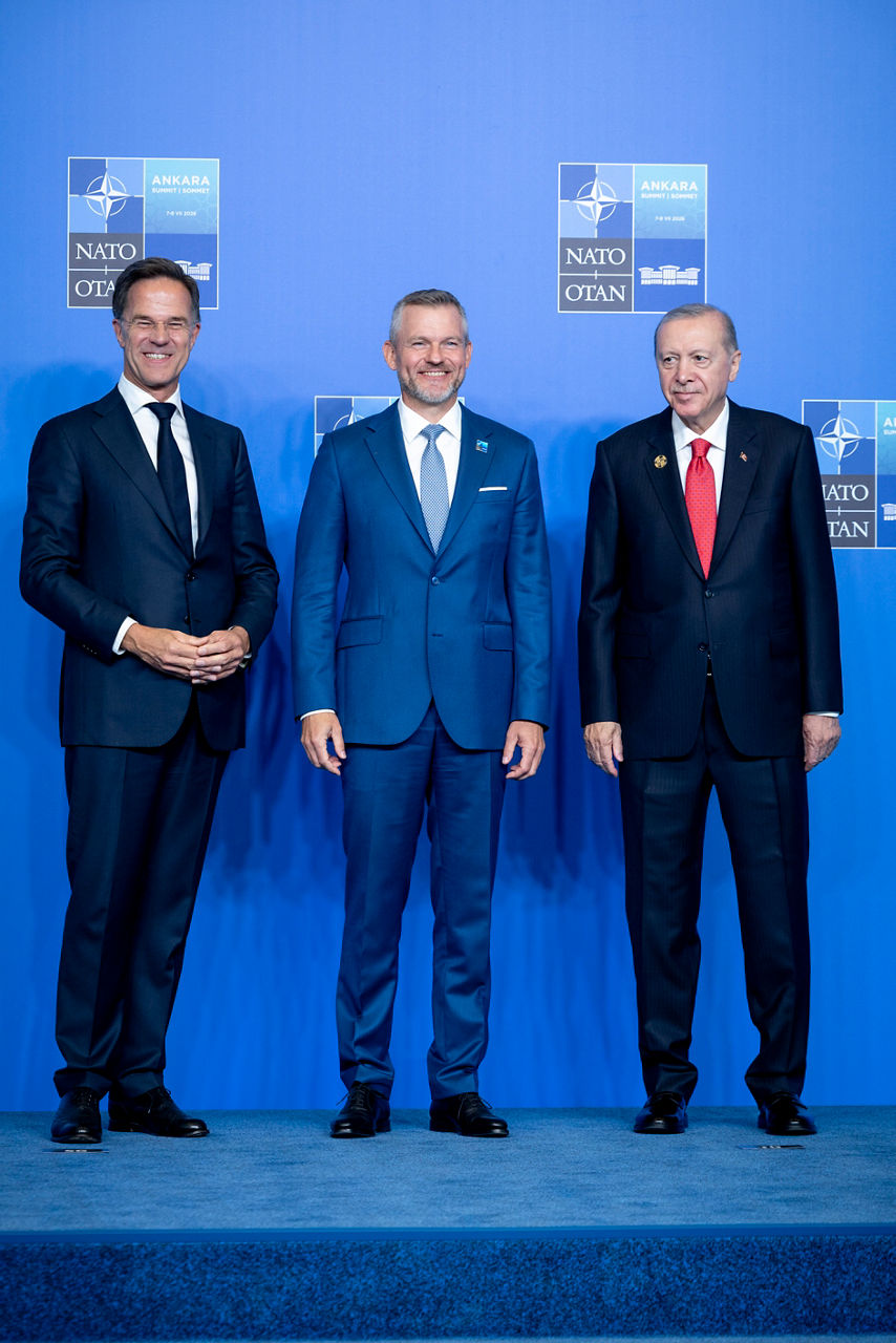 NATO Secretary General Mark Rutte and the President of the Republic of Türkiye Recep Tayyip Erdoğan welcome President of the Slovak Republic Peter Pellegrini