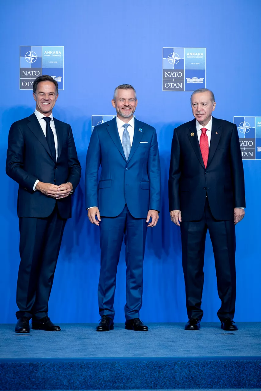 NATO Secretary General Mark Rutte and the President of the Republic of Türkiye Recep Tayyip Erdoğan welcome President of the Slovak Republic Peter Pellegrini