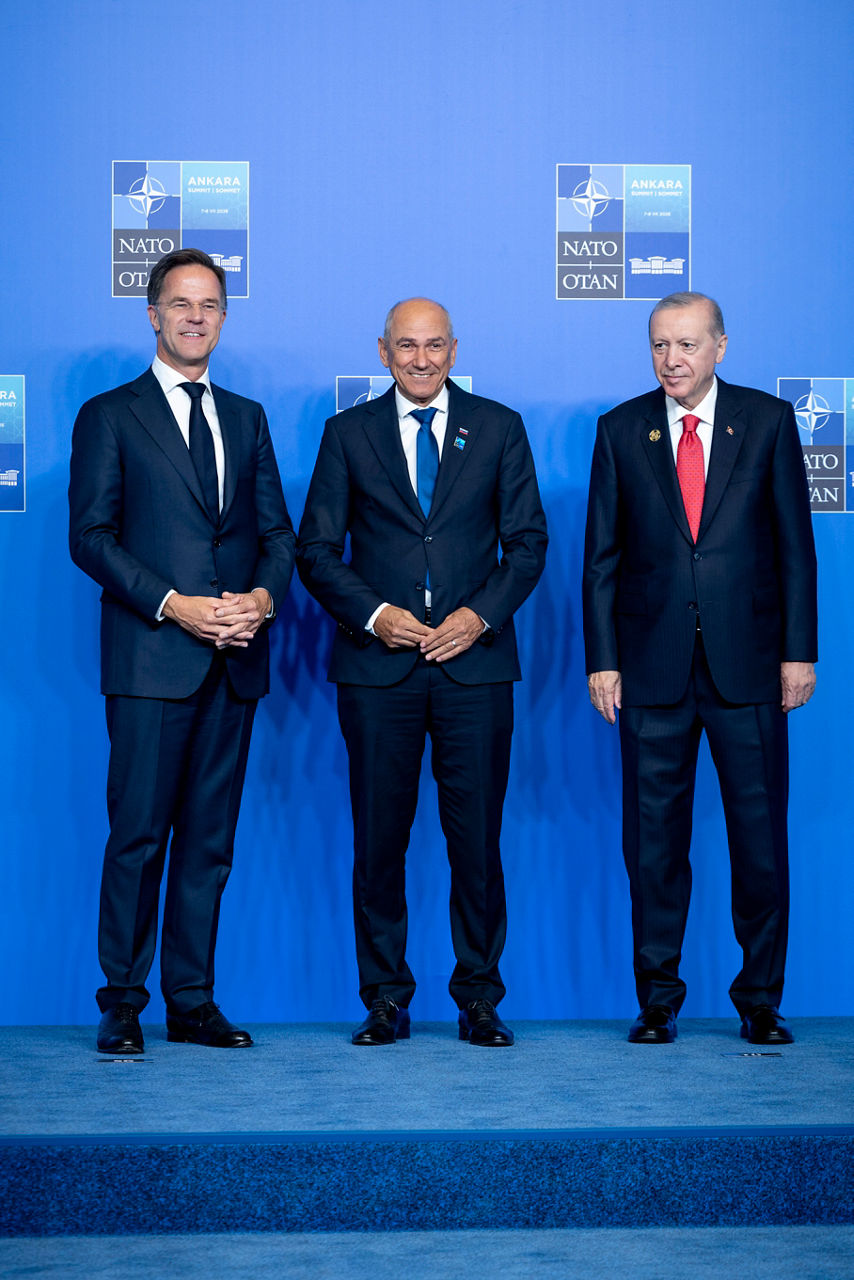 NATO Secretary General Mark Rutte and the President of the Republic of Türkiye Recep Tayyip Erdoğan welcome Prime Minister of Slovenia Janez Janša