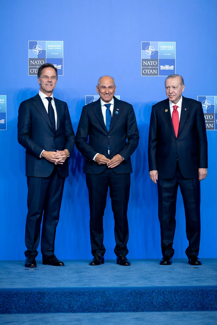 NATO Secretary General Mark Rutte and the President of the Republic of Türkiye Recep Tayyip Erdoğan welcome Prime Minister of Slovenia Janez Janša