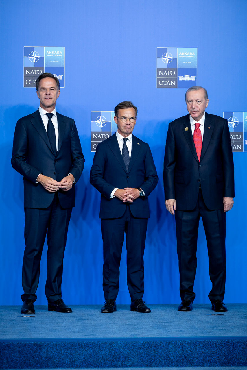 NATO Secretary General Mark Rutte and the President of the Republic of Türkiye Recep Tayyip Erdoğan welcome Prime Minister of Sweden Ulf Kristersson