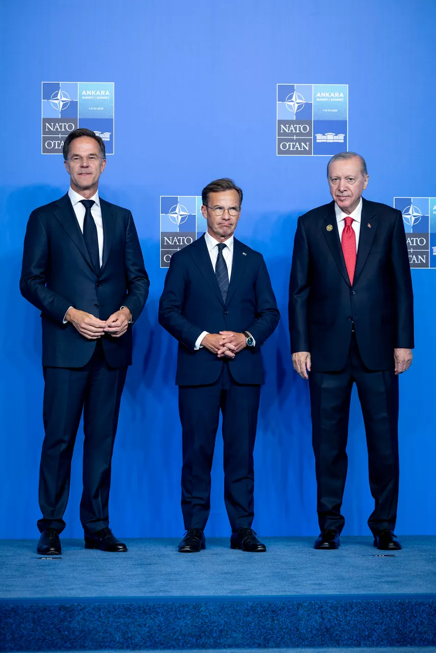 NATO Secretary General Mark Rutte and the President of the Republic of Türkiye Recep Tayyip Erdoğan welcome Prime Minister of Sweden Ulf Kristersson