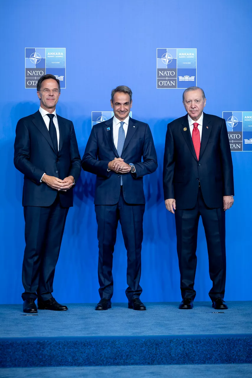 NATO Secretary General Mark Rutte and the President of the Republic of Türkiye Recep Tayyip Erdoğan welcome Prime Minister of Greece Kyriakos Mitsotakis