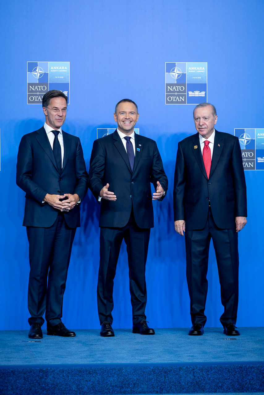 NATO Secretary General Mark Rutte and the President of the Republic of Türkiye Recep Tayyip Erdoğan welcome President of Poland Karol Nawrocki 