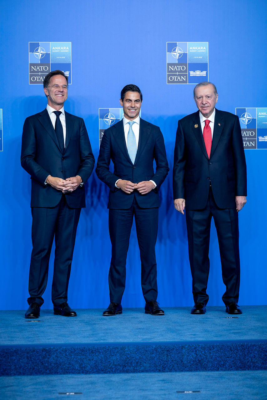 NATO Secretary General Mark Rutte and the President of the Republic of Türkiye Recep Tayyip Erdoğan welcome Prime Minister of the Netherlands Rob Jetten