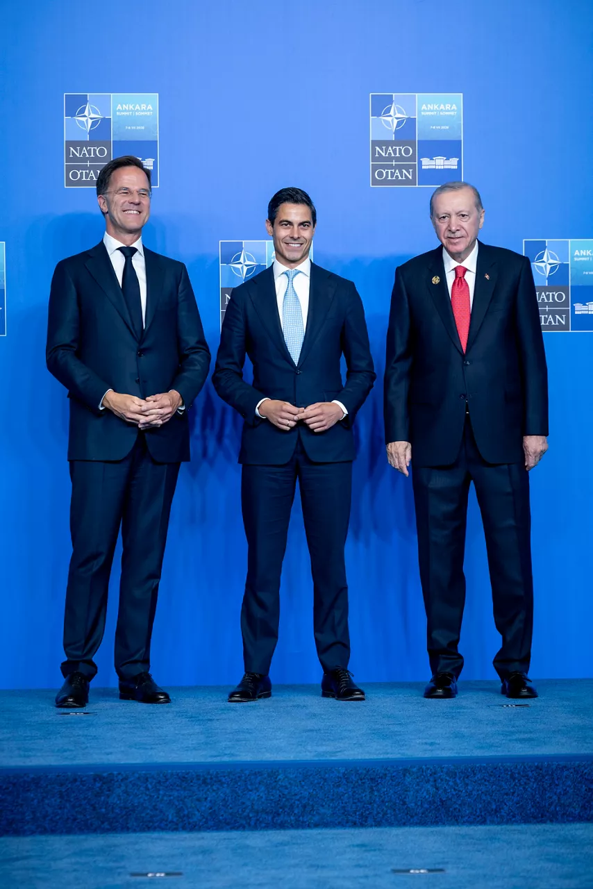 NATO Secretary General Mark Rutte and the President of the Republic of Türkiye Recep Tayyip Erdoğan welcome Prime Minister of the Netherlands Rob Jetten