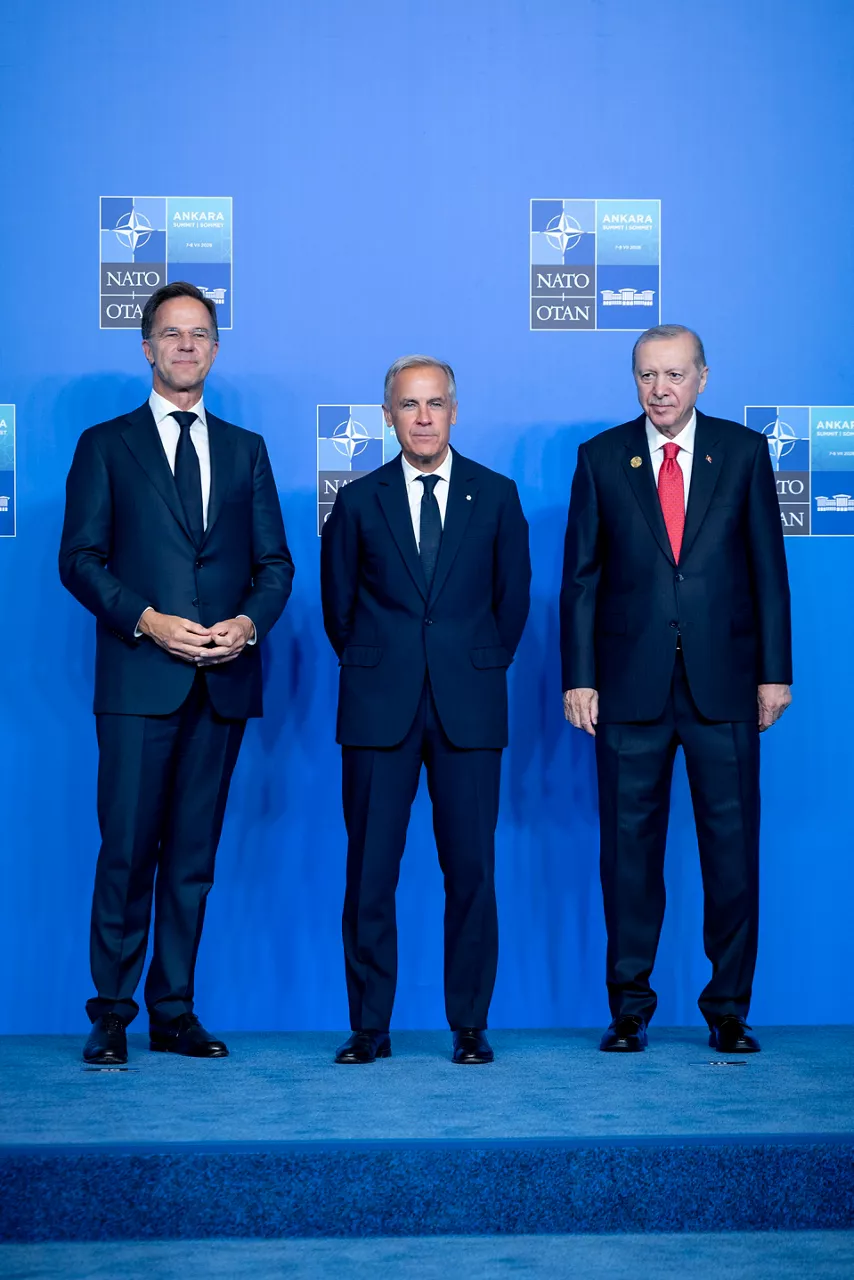 NATO Secretary General Mark Rutte and the President of the Republic of Türkiye Recep Tayyip Erdoğan welcome Prime Minister of Canada Mark Carney